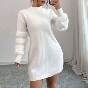 Women's Casual Solid Color Stand Collar Fluffy Knit Panel White Sweater Dress
